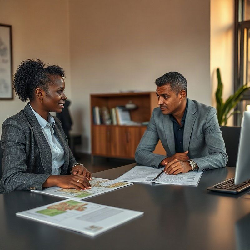 Two professionals in conversation over property maps at a Kakamega office