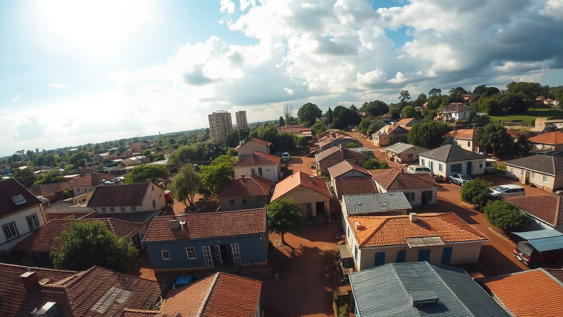 Aerial view of Kakamega town rooftops and greenery at golden hour